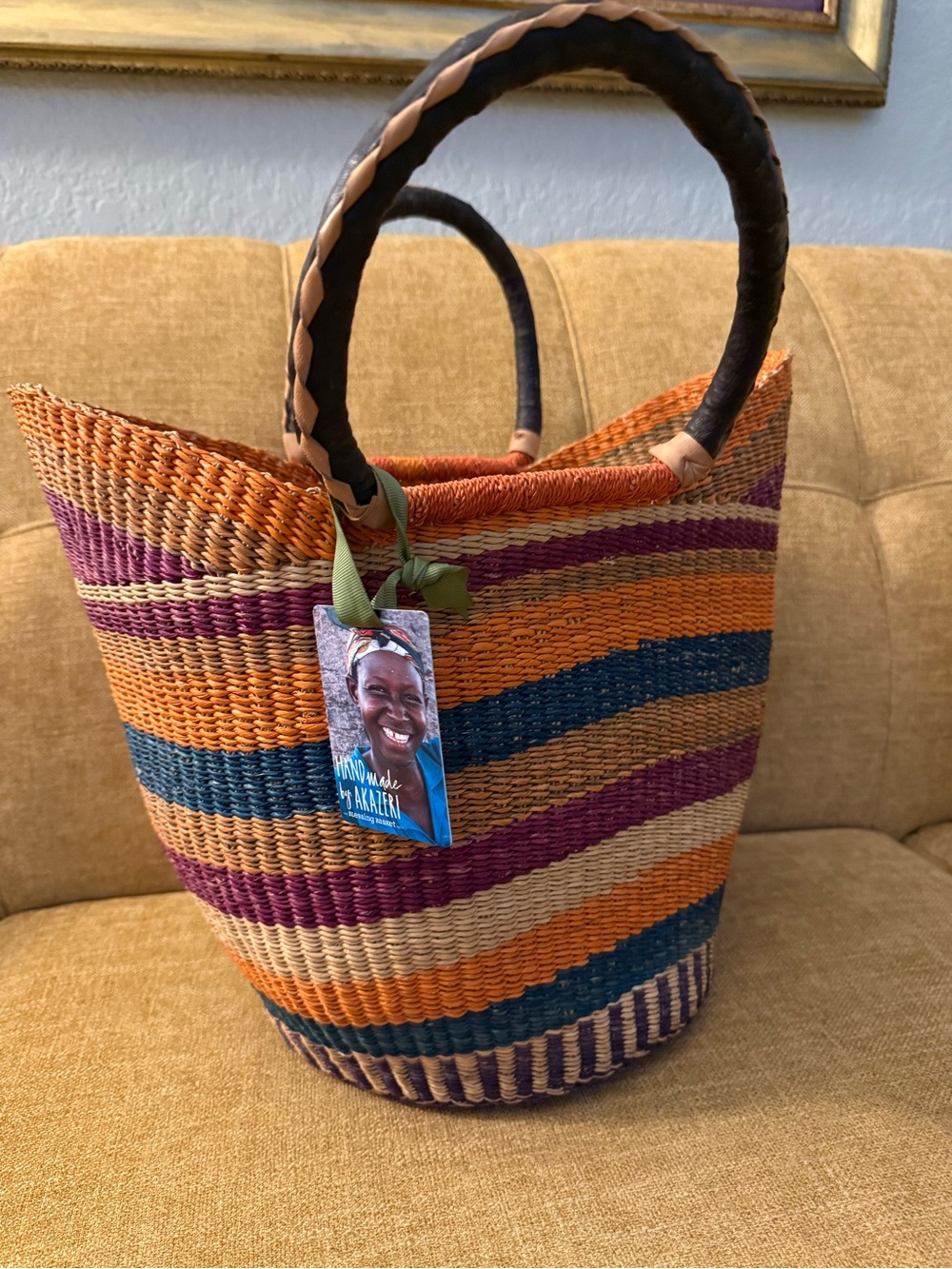 Akazeri Ahmah Apatterned basket, African woven market bag,orange blue purple NEW - Picture 3 of 8